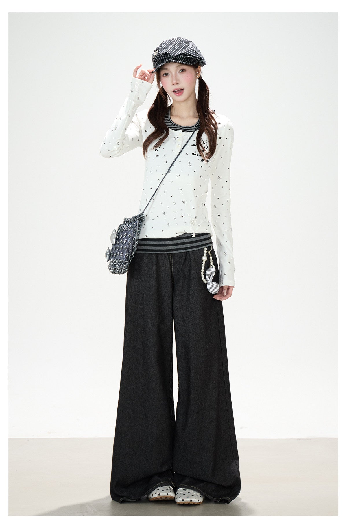 Star Music Note Halter Layered Long Sleeve Top & Black Wide-Leg Pants