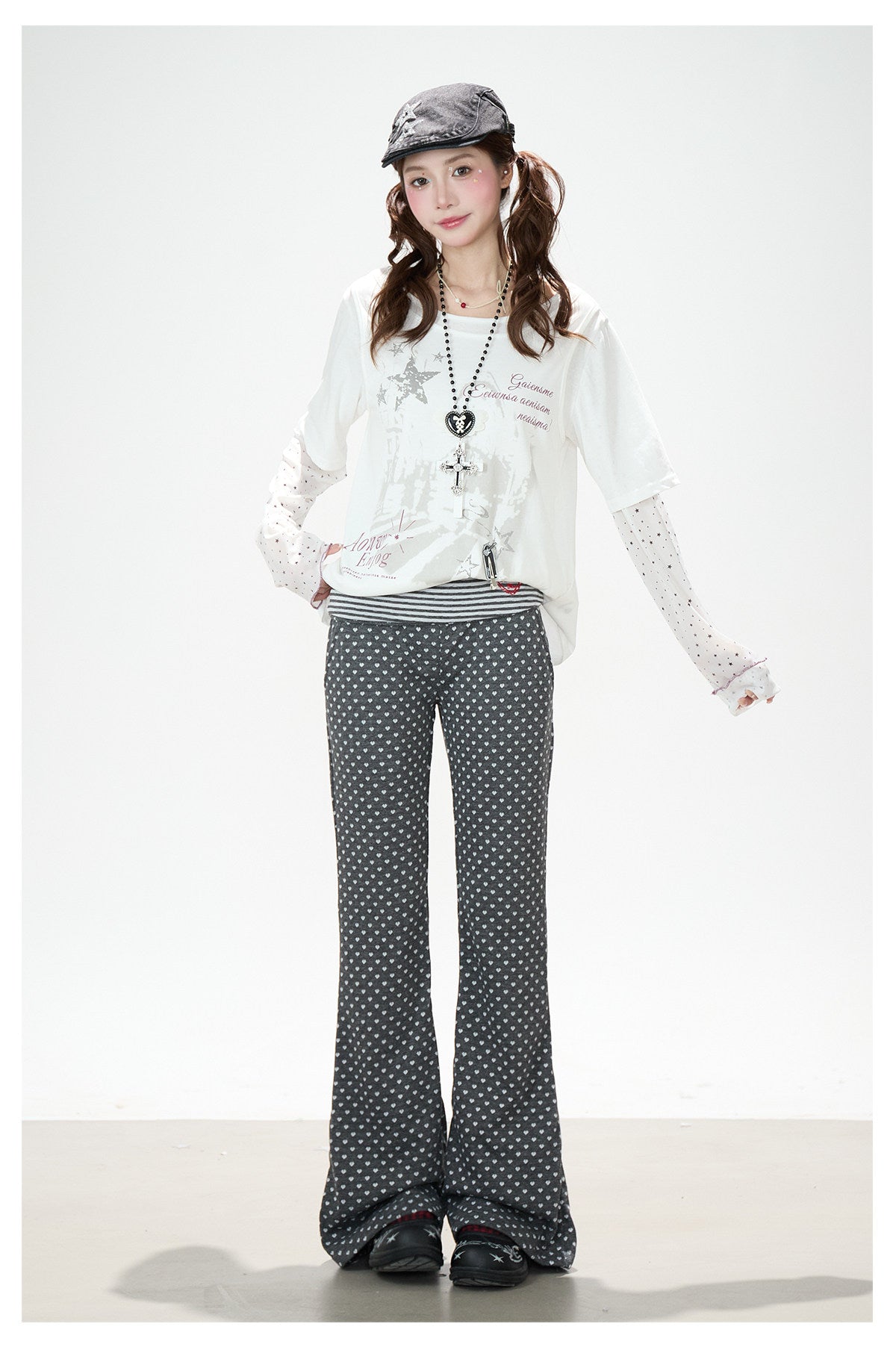 Faux Layered Star Mesh Graphic Long Sleeve Top & Black Star Pleated Mini Skirt