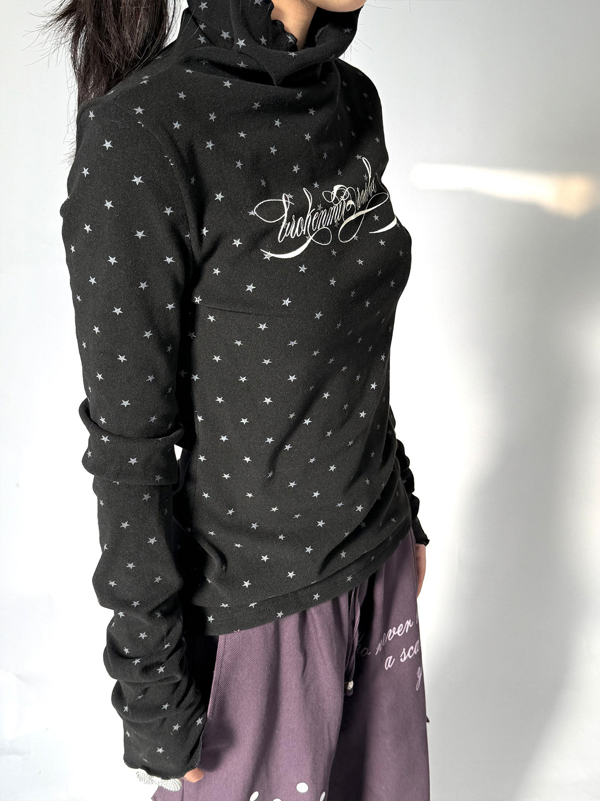 Star Print Mock Neck Thermal Long Sleeve Top