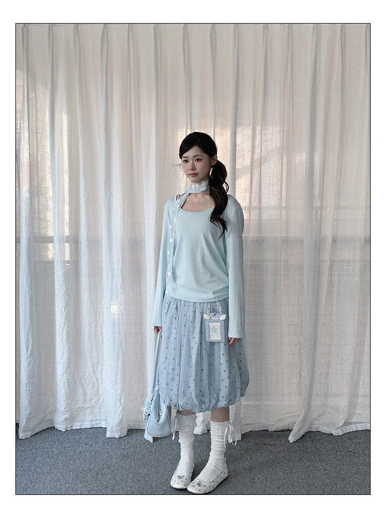 Powder Blue Polka Dot Bubble Midi Skirt