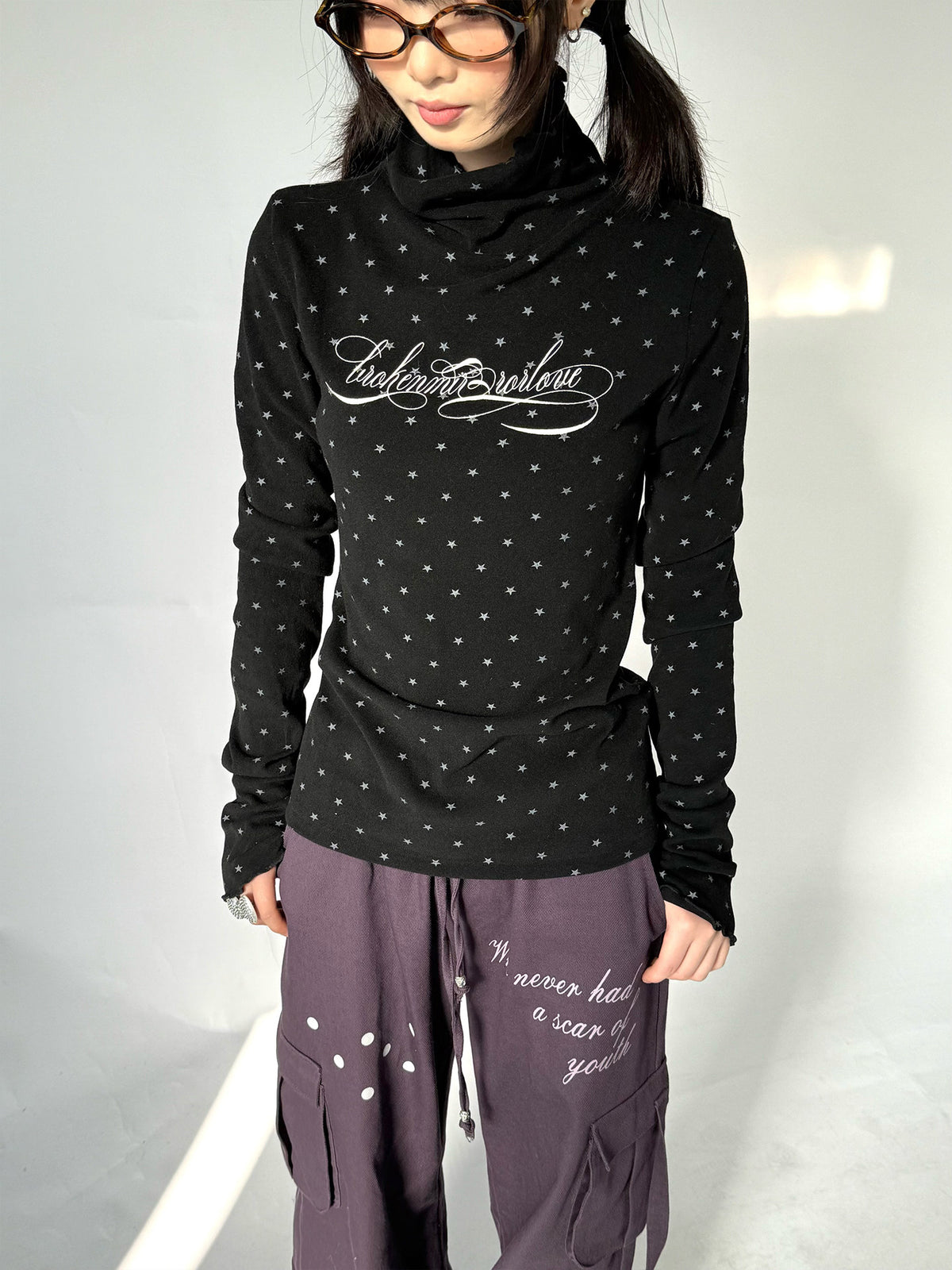 Star Print Mock Neck Thermal Long Sleeve Top
