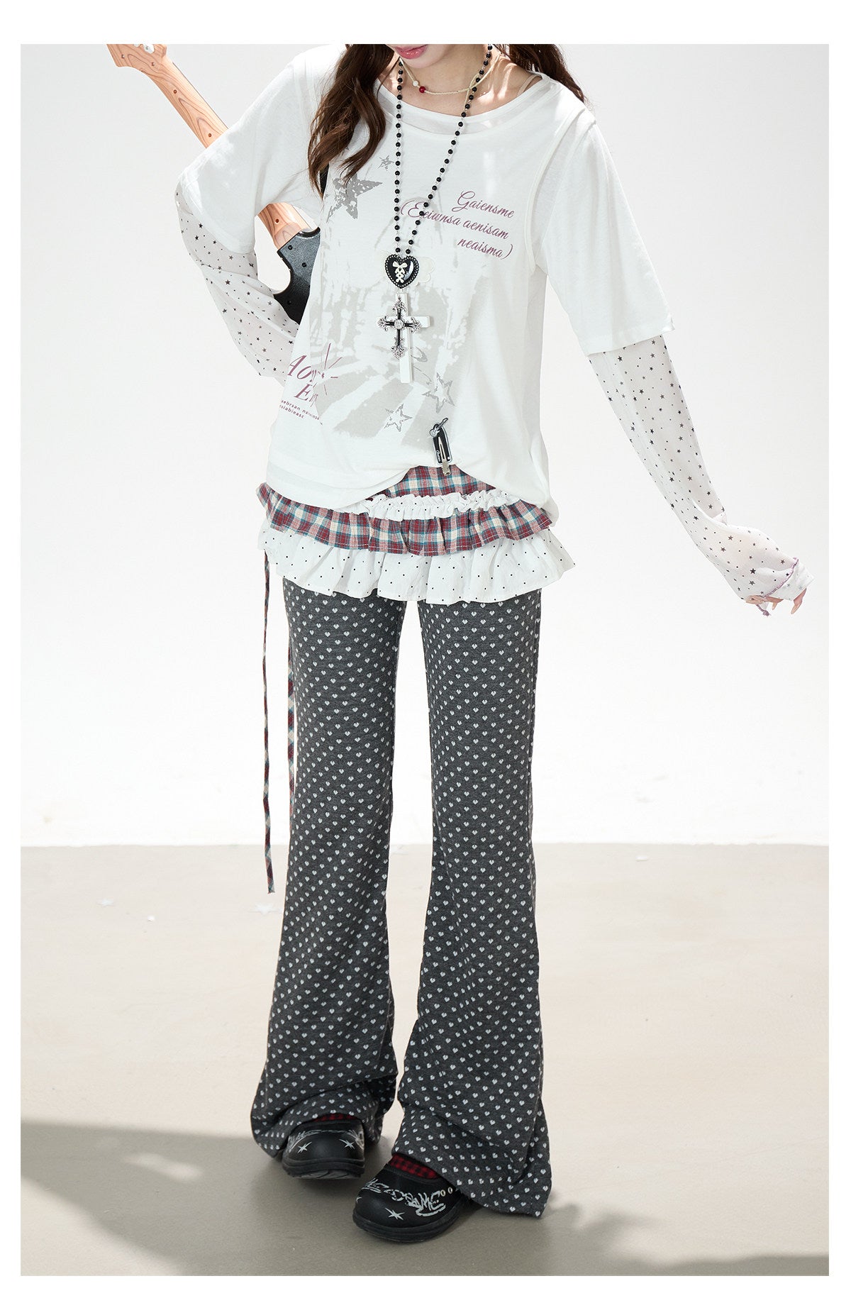 Faux Layered Star Mesh Graphic Long Sleeve Top & Black Star Pleated Mini Skirt