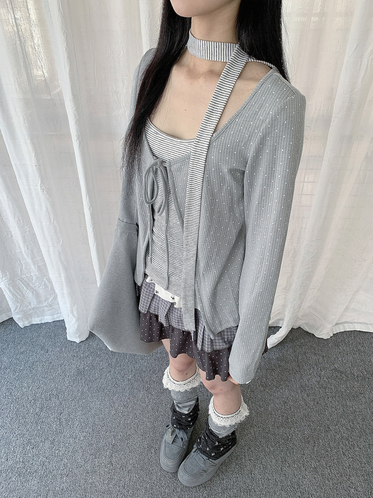 Polka Dot Tie Cardigan & Striped Cami Set