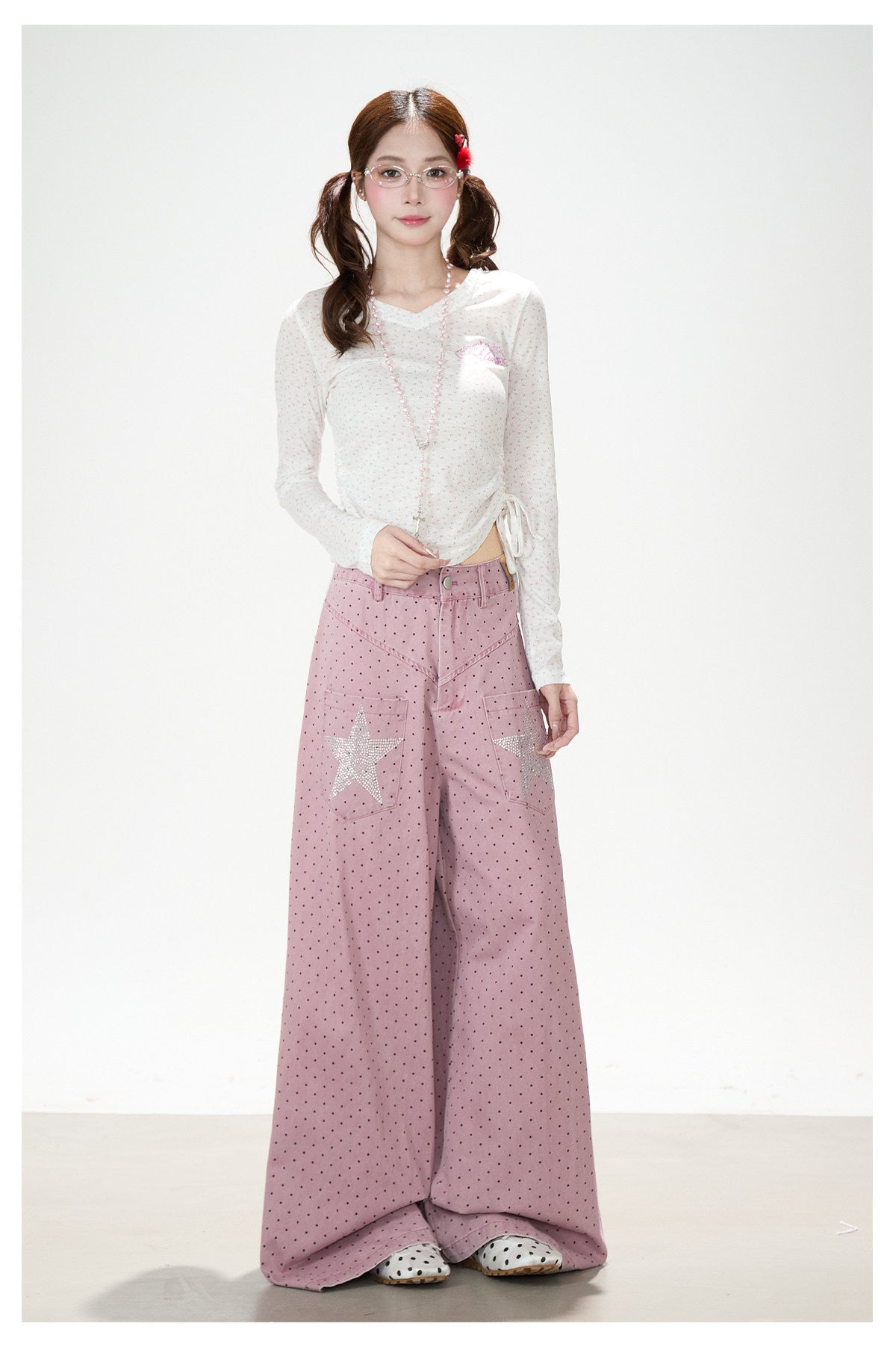 Star Rhinestone Polka Dot Wide-Leg Jeans