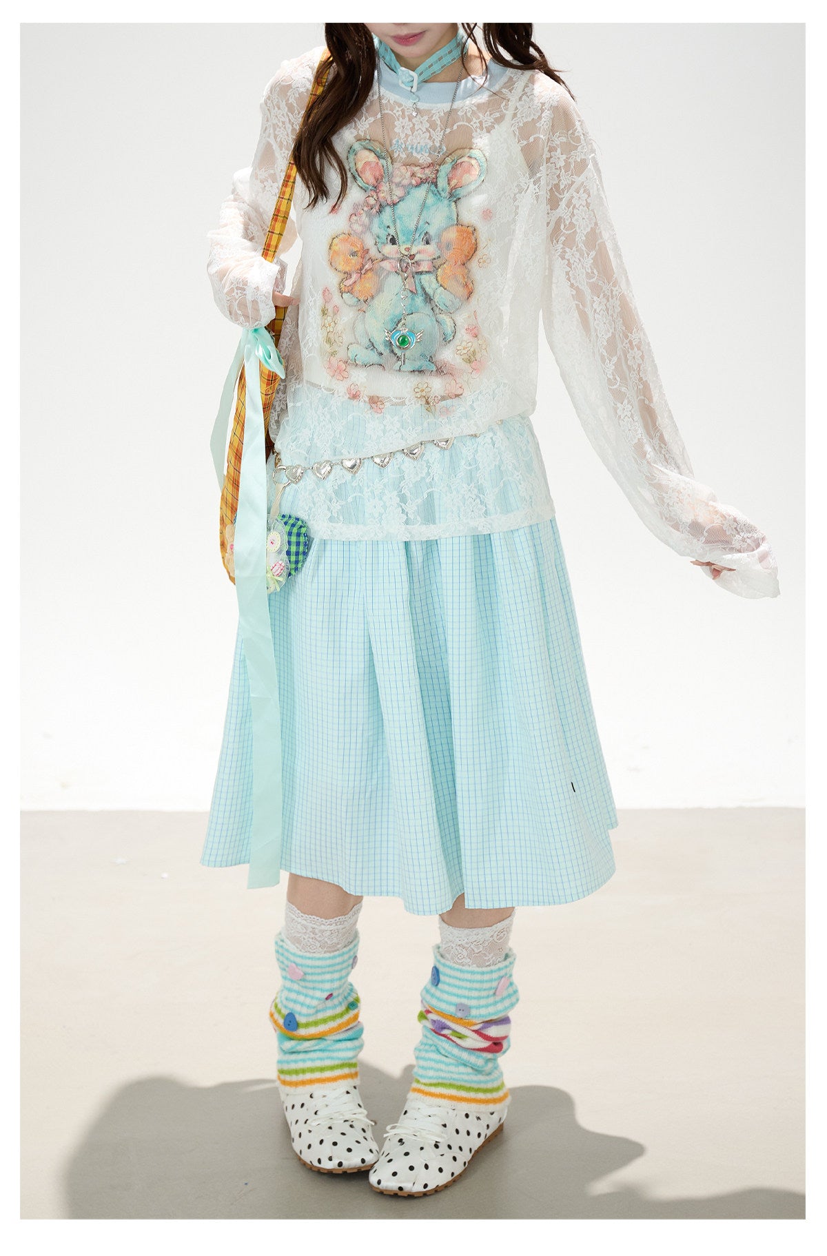 Bunny Sheer Lace Long Sleeve Top & Mint Plaid A-Line Skirt