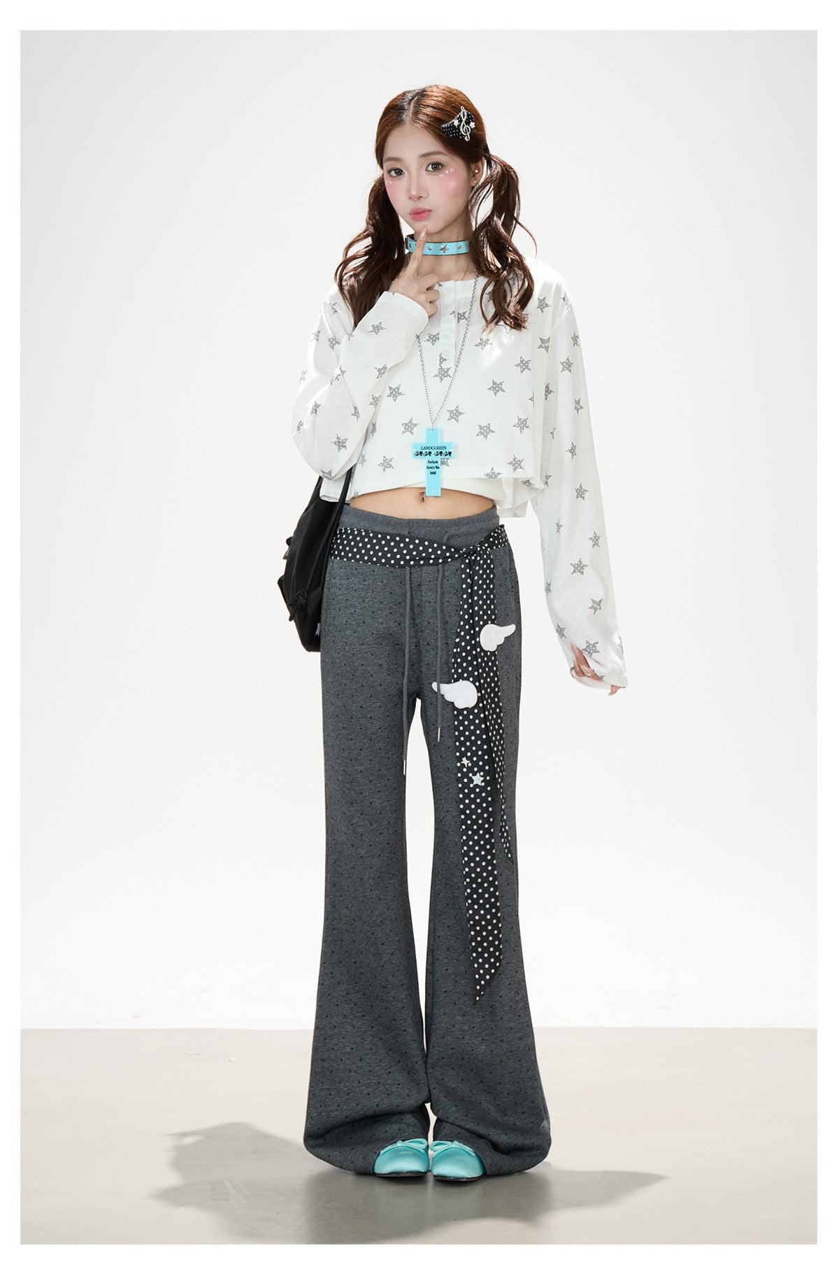 Allover Star Cropped Long Sleeve Top & Dark Heather Gray Wide Leg Pants