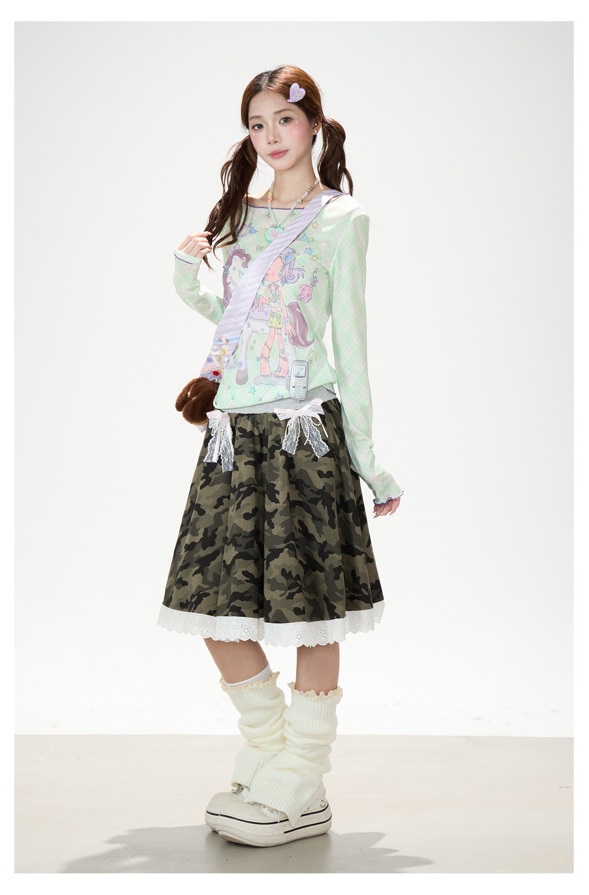 Pastel Anime Plaid Long Sleeve Top & Camo Lace-Trim Midi Skirt