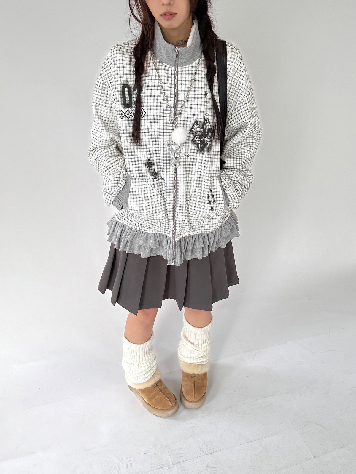 Sugar Check Graphic Ruffle-Hem Zip-Up Jacket