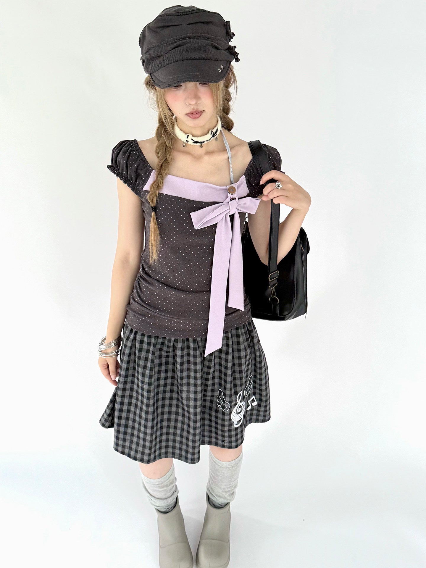 Lavender Bow Polka Dot Fitted Puff-Sleeve Top