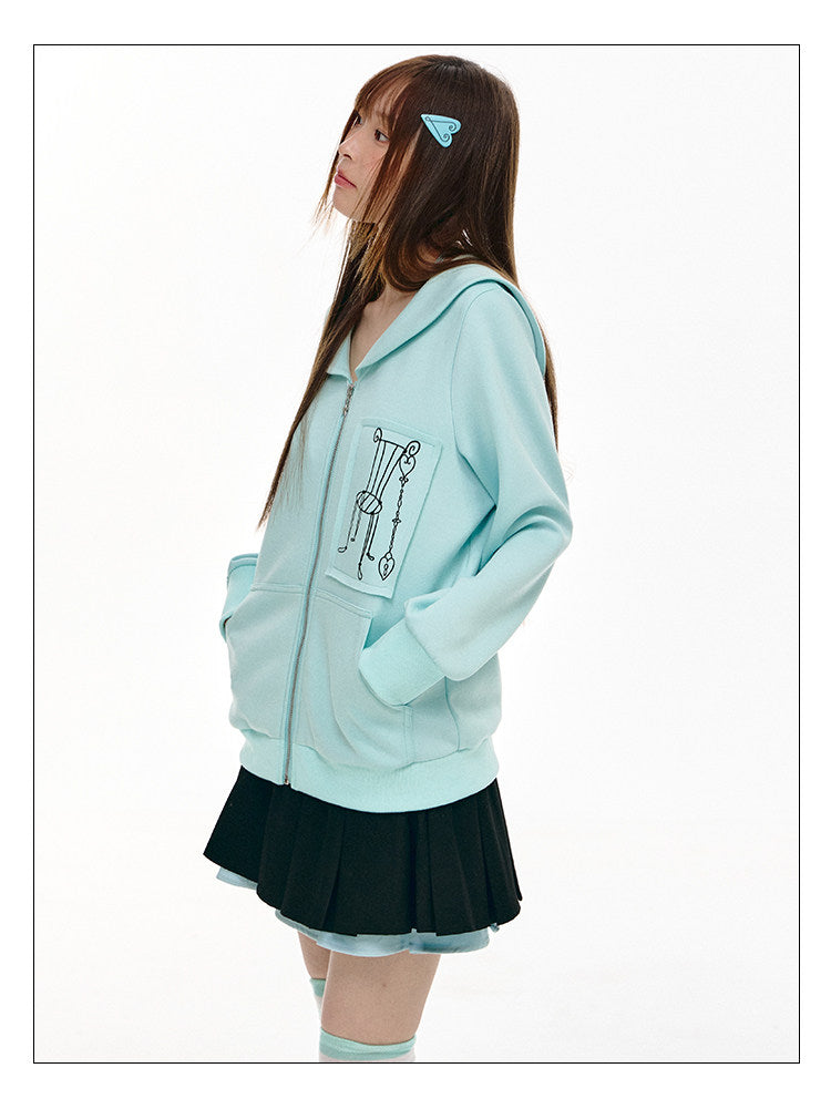 Mint Sailor-Collar Graphic Zip-Up Jacket