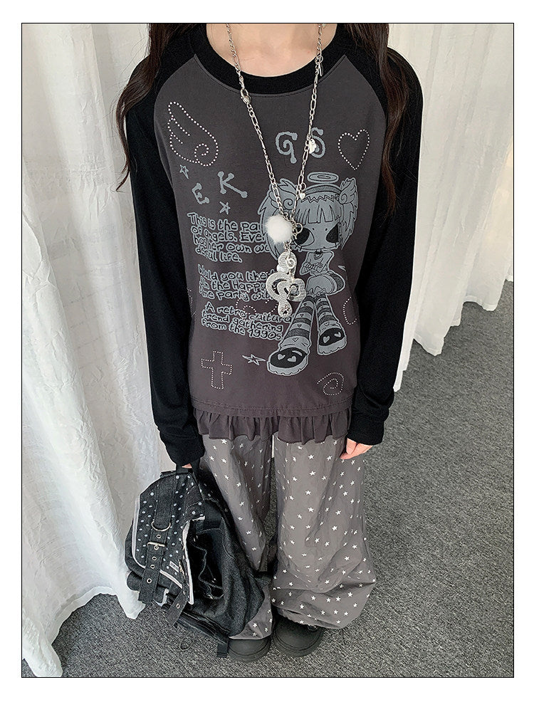 Angel Girl Graphic Raglan Ruffle Long Sleeve Top