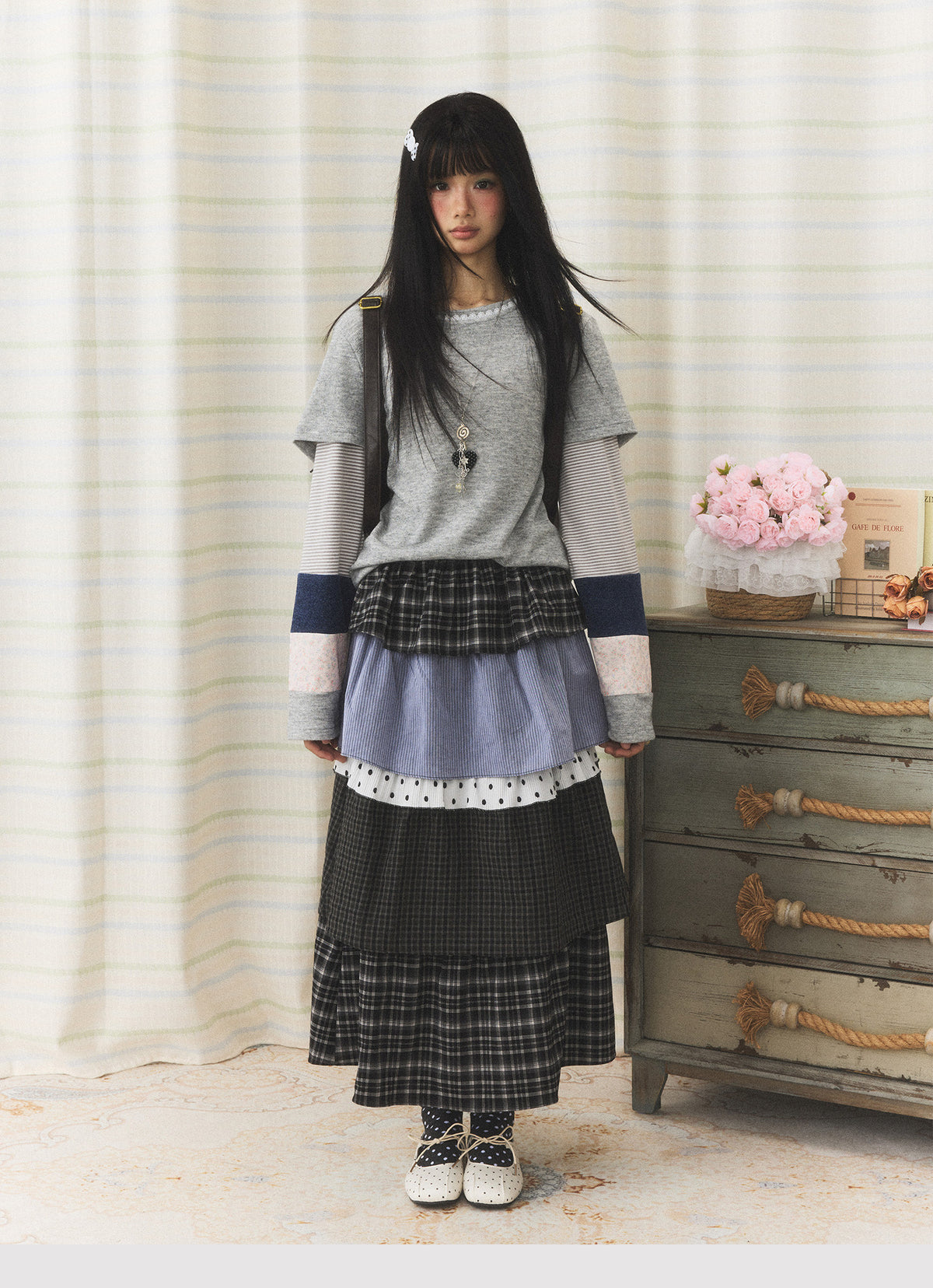 Lace-Trim Patchwork Faux-Layered Long Sleeve Top