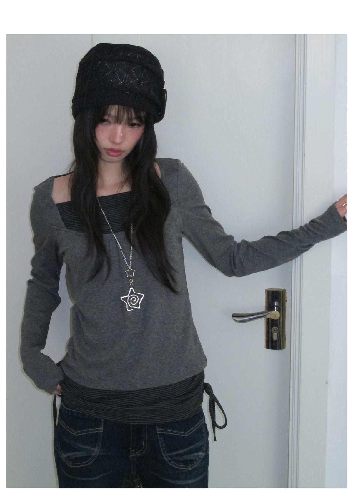 Striped Square-Neck Faux-Layer Drawstring Long Sleeve Top