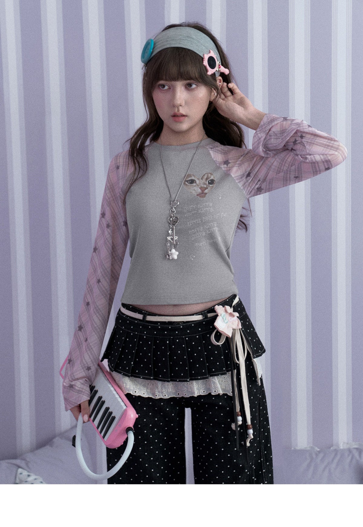 Polka Dot Wide-Leg Jeans & Detachable Lace Layering Skirt