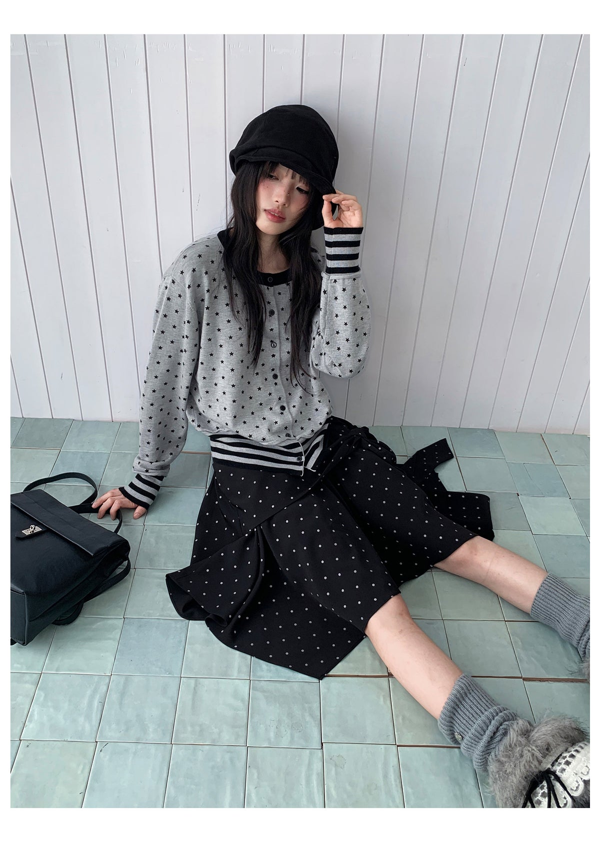 Star Print Contrast-Trim Knit Cardigan