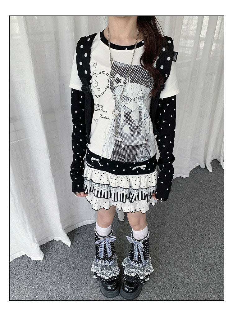 Polka Dot Faux-Layer Girl Graphic Long Sleeve Tee