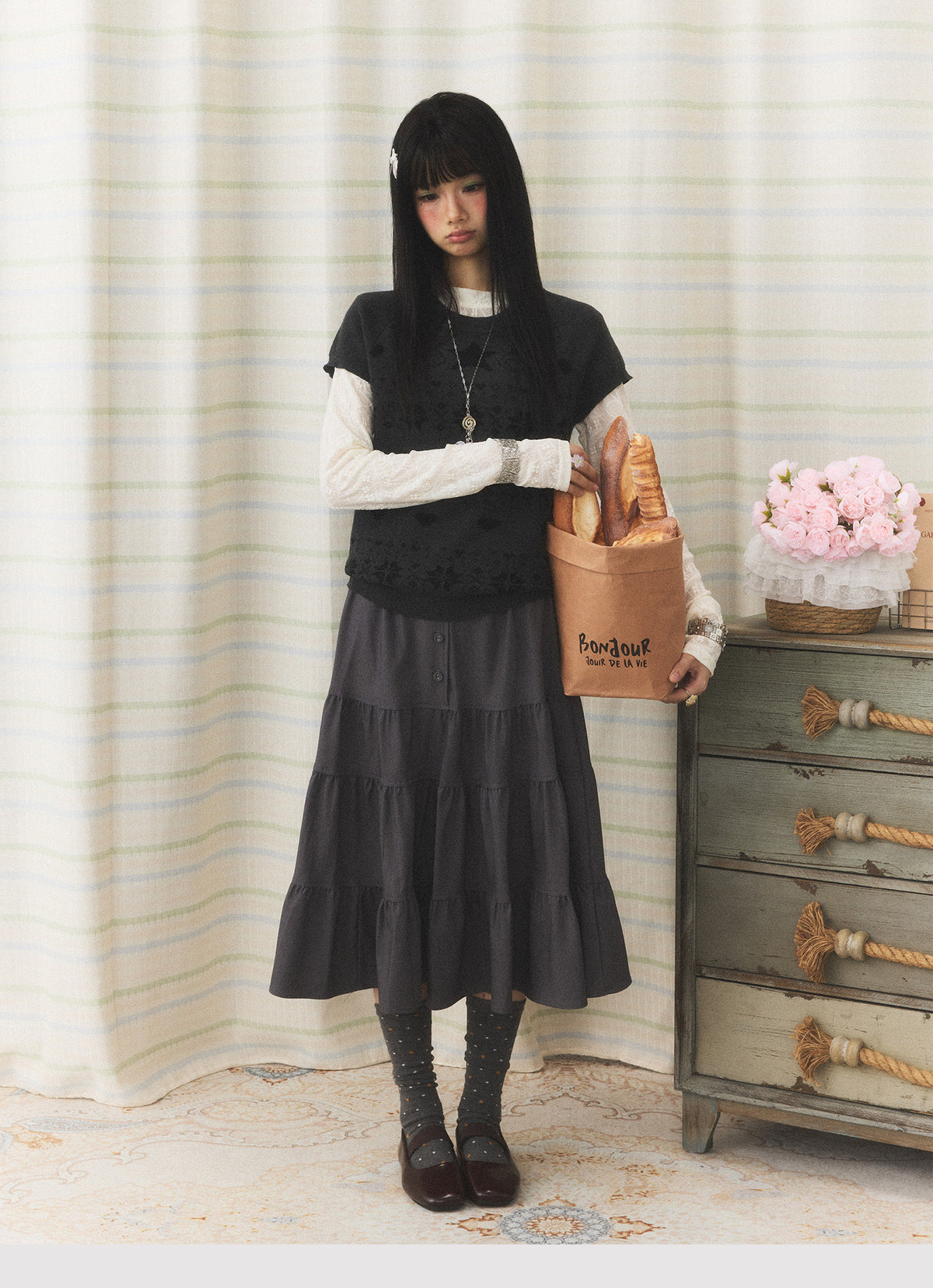 Floral Lace Long Sleeve & Jacquard Knit Short Sleeve Top