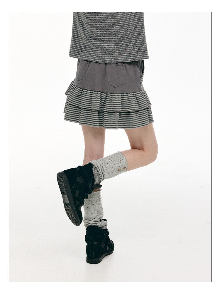 Charcoal Stripe Double-Ruffle A-Line Mini Skirt