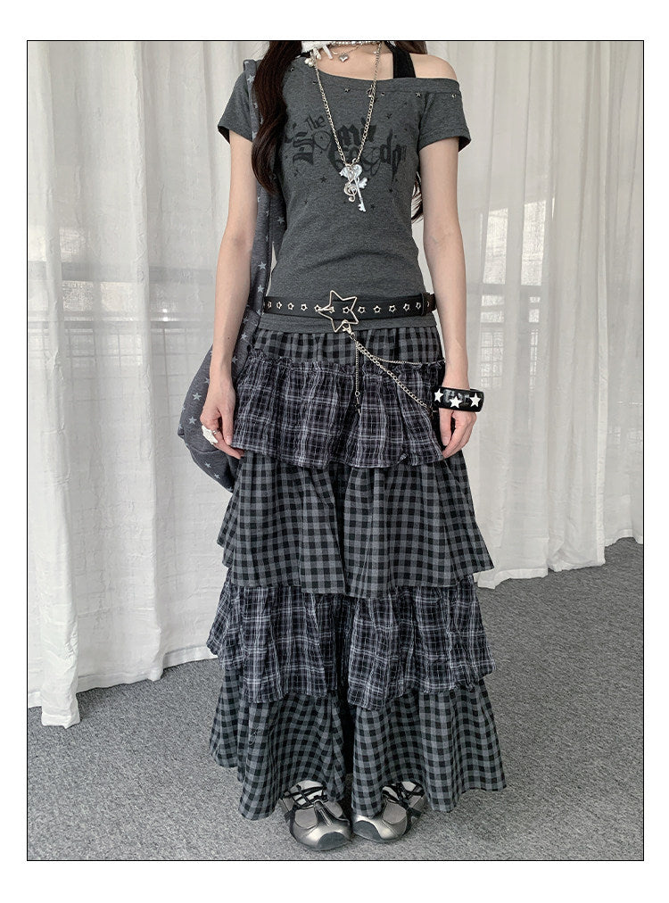 Plaid Patchwork Tiered Maxi Skirt