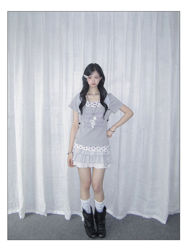 Lilac Polka Dot Faux-Layer Fitted Tee