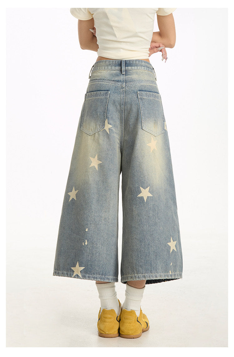 Washed Star Print Wide-Leg Denim Capri Pants