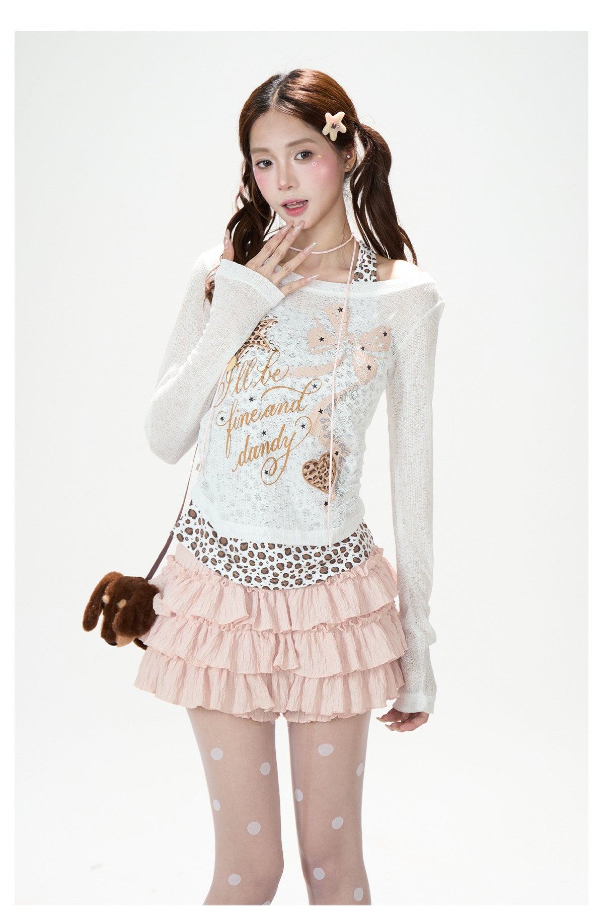 Leopard Layered Halter Long Sleeve Top & Pink Tiered Ruffle Mini Skirt