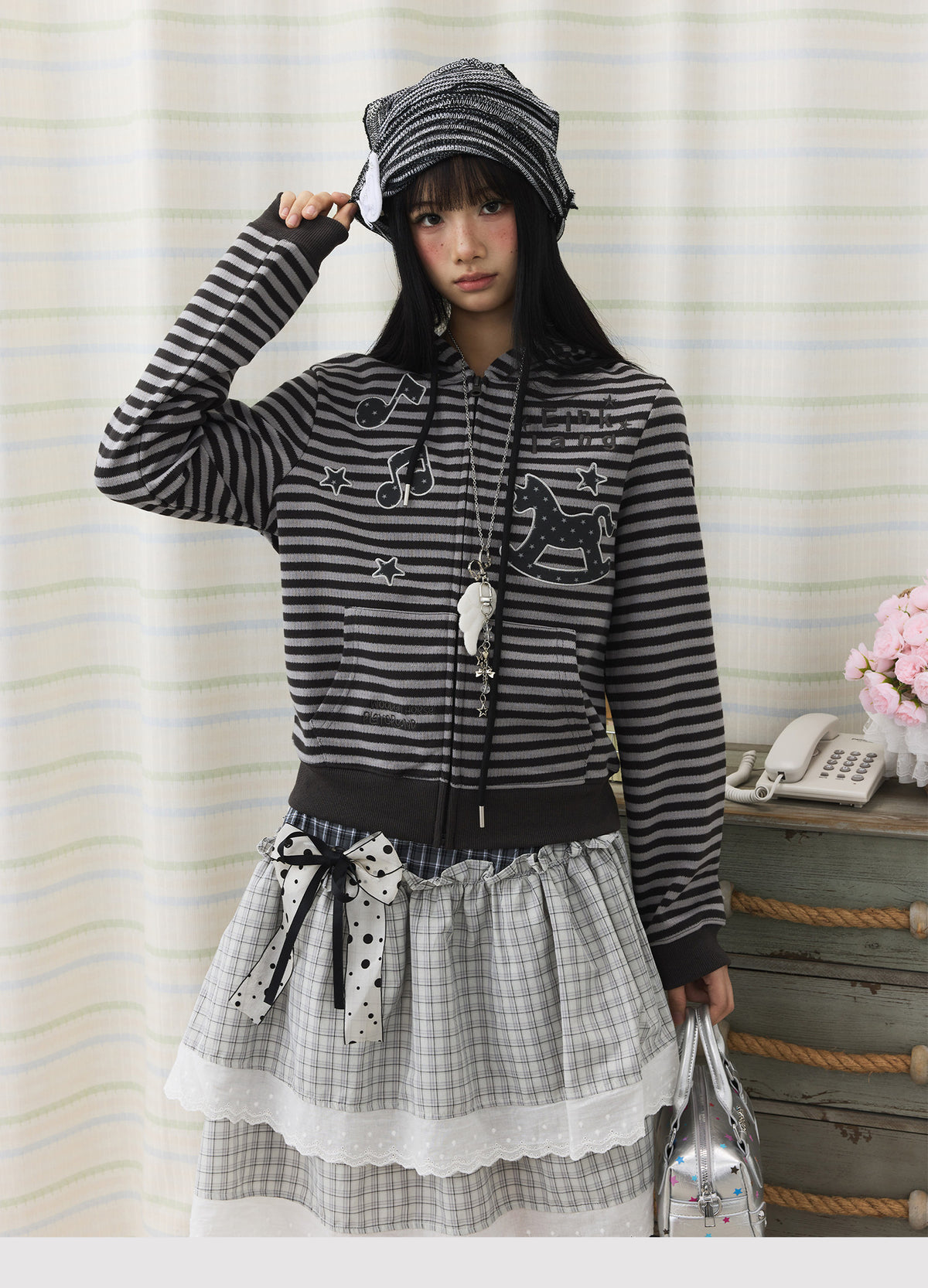 Striped Rocking Horse Embroidered Zip-Up Hoodie