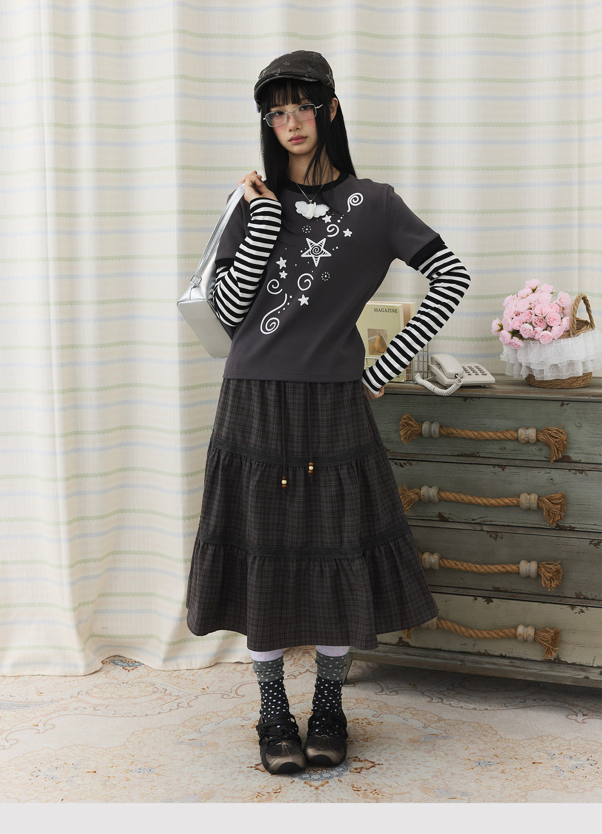Plaid Tiered Lace Trim Midi Skirt