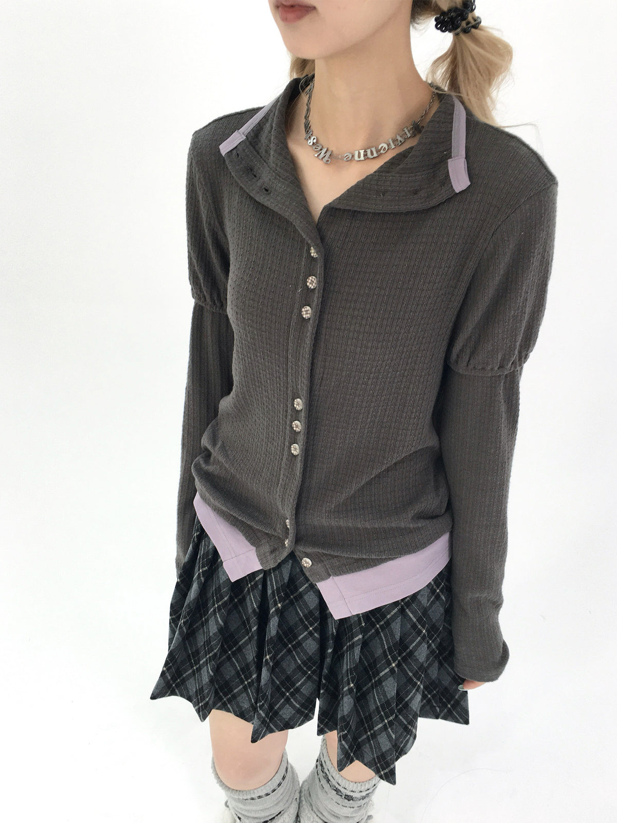 Charcoal Plaid Pleated A-Line Mini Skirt