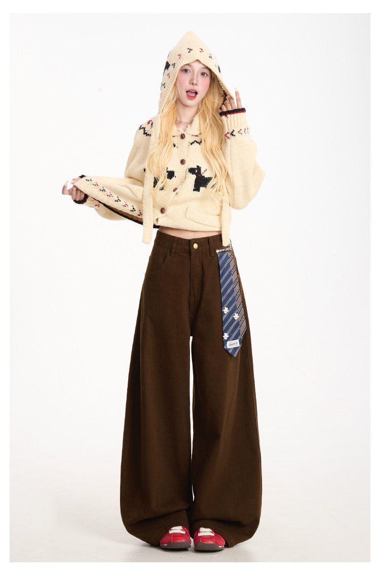 Curved-Leg Wide-Leg Pants with Detachable Tie