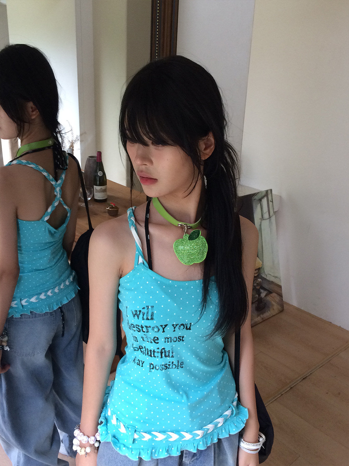 Aqua Polka Dot Braided Ruffle Tank Top