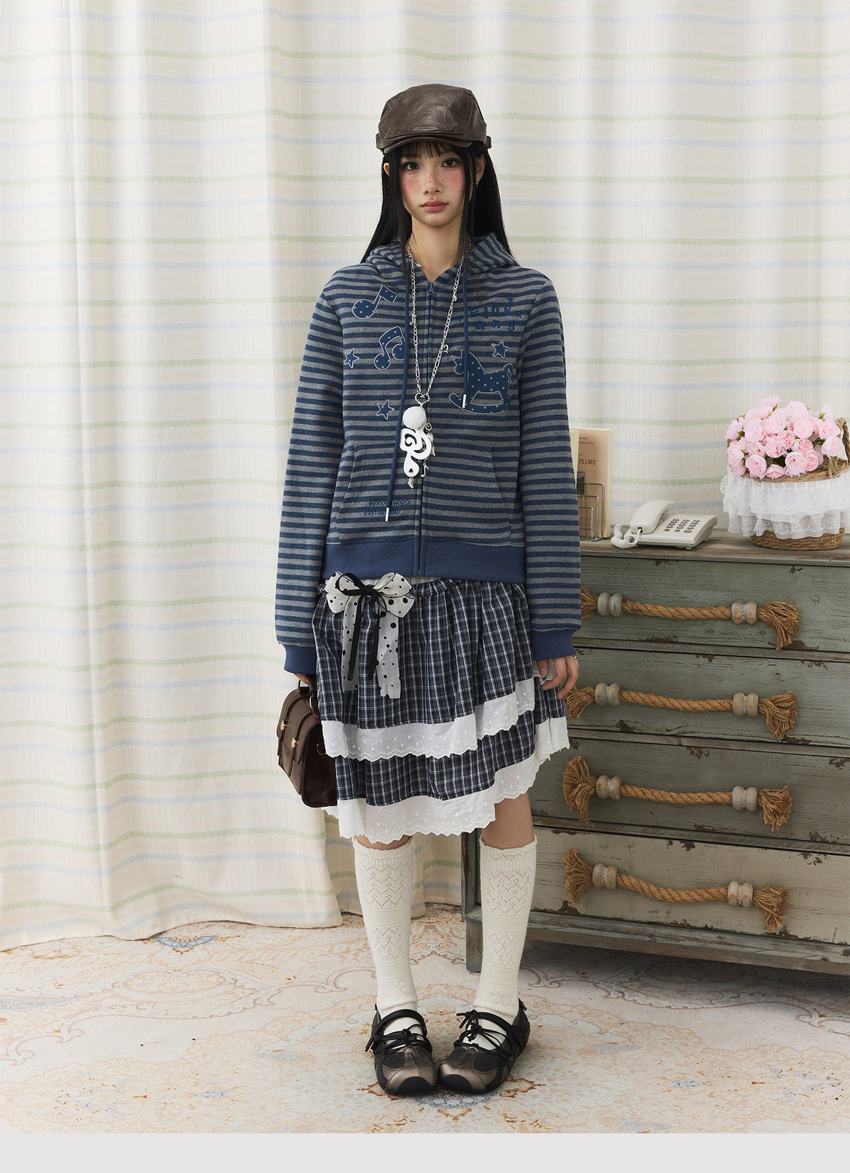 Asymmetric Plaid Lace Tiered Midi Skirt