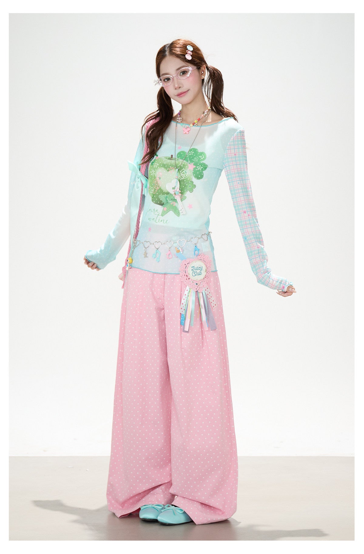 Apple Plaid Mesh Long Sleeve Top & Pink Polka Dot Wide Leg Pants