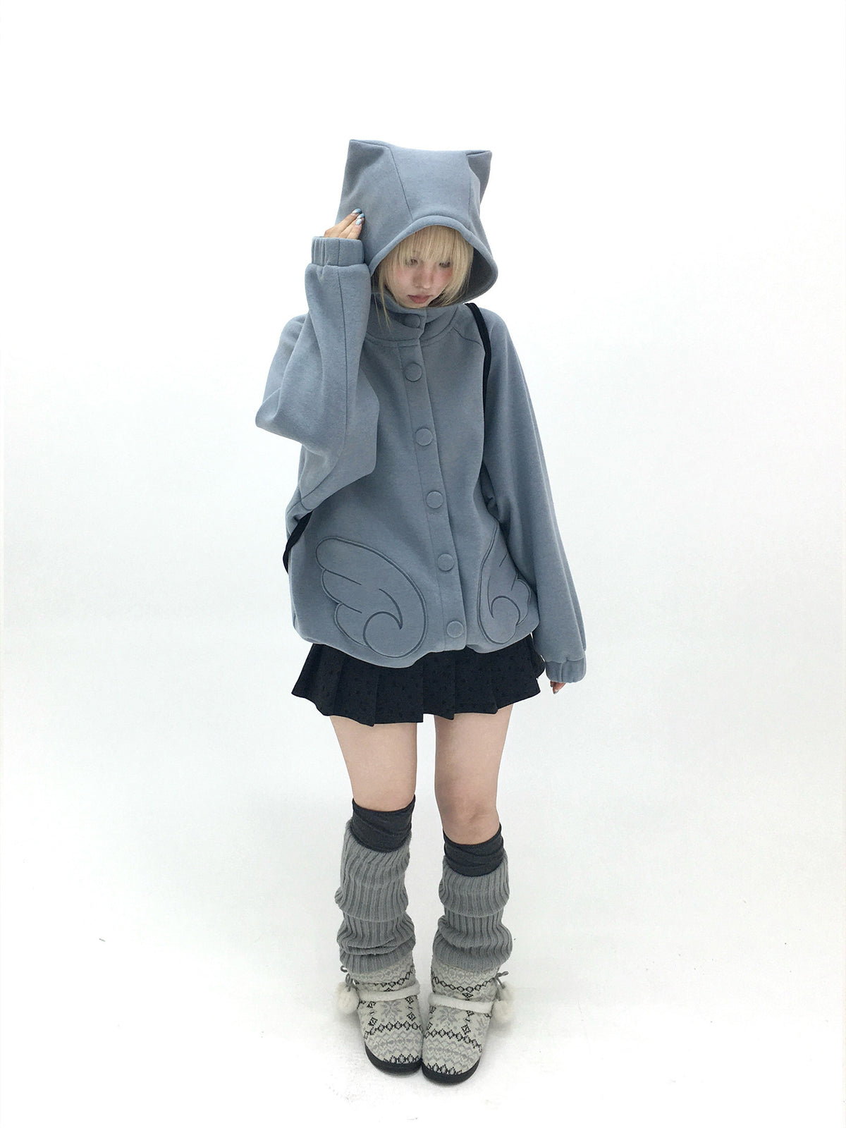 Dusty Blue & Ivory Fleece-Lined Cat Ear Wing Pocket Hooded Jacket