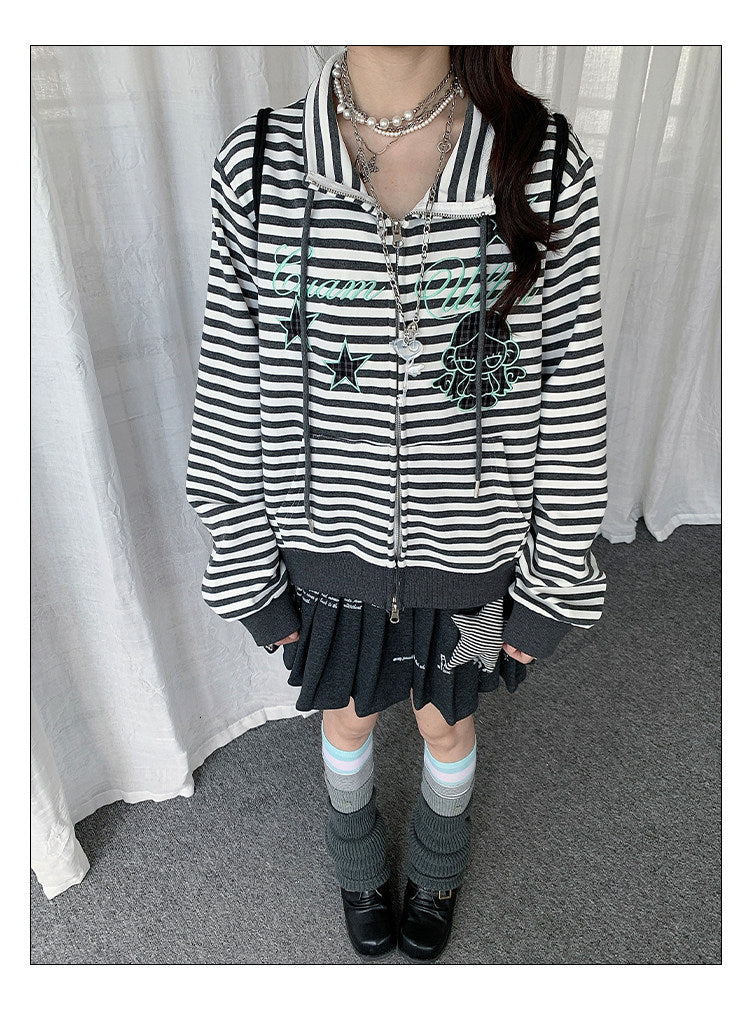 Star Charm Striped Embroidered Zip-Up Jacket