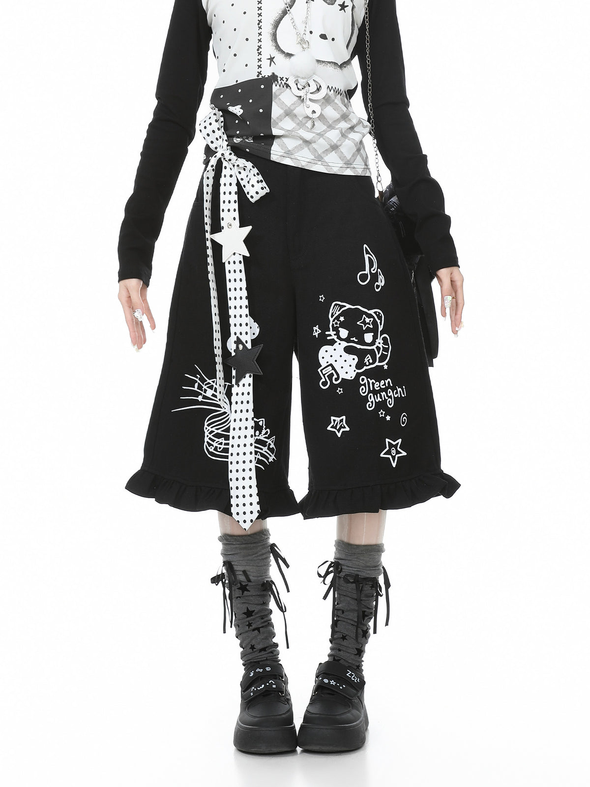 Music Cat Ruffle Capri Jeans with Star Belt