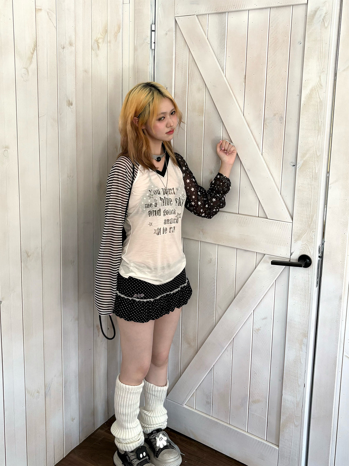 Star Mesh Stripe Contrast Lyocell Long Sleeve Top