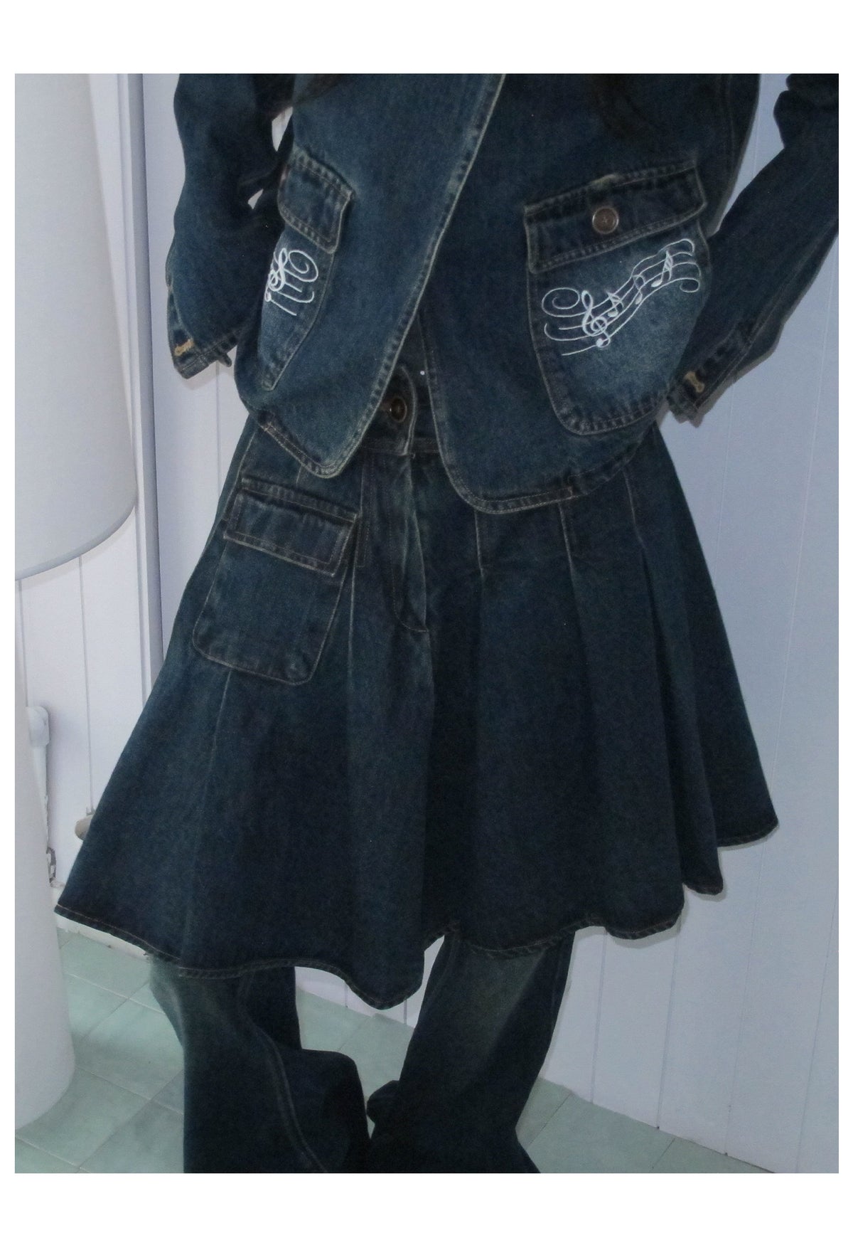 Washed Denim Utility Pleated Skirt
