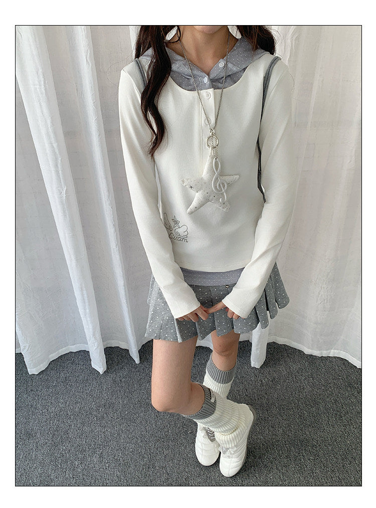 Polka Dot Layered Hooded Long Sleeve Top