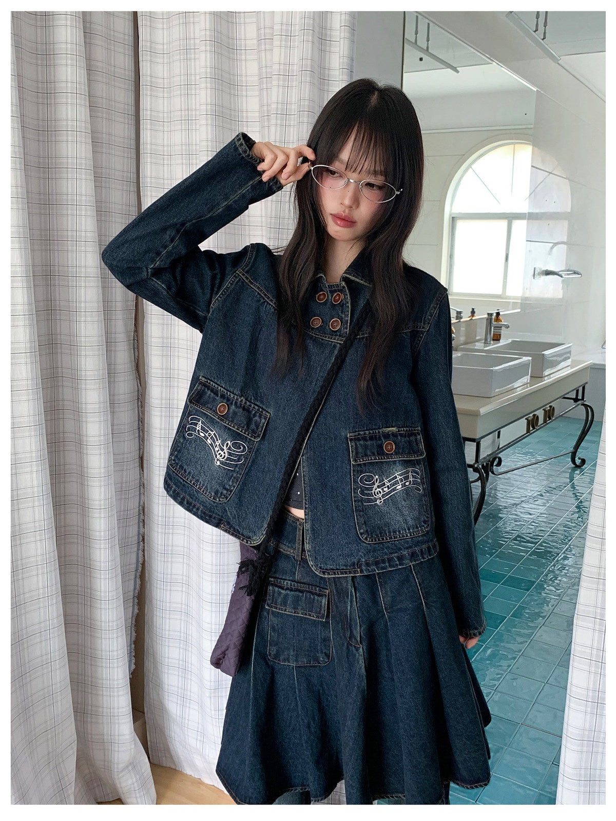 Washed Denim Music-Note Embroidered Jacket