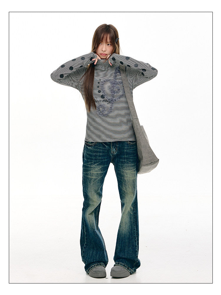 Lace Music Note Appliqué Mock Neck Long Sleeve Top