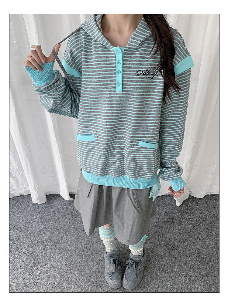 Striped Half-Placket Hooded Pullover