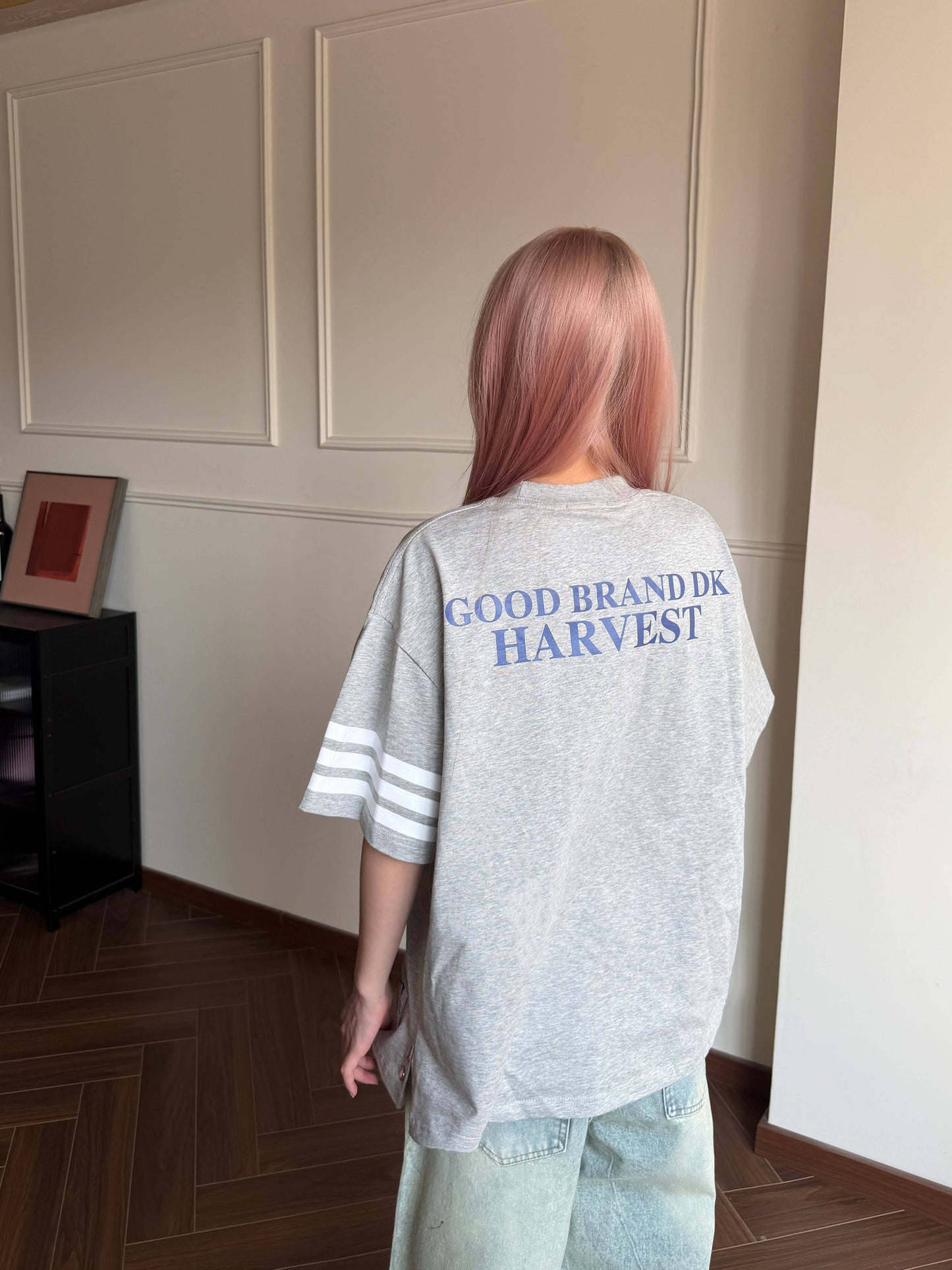 College Snap Button Tee — Stripe Sleeve Loose Fit
