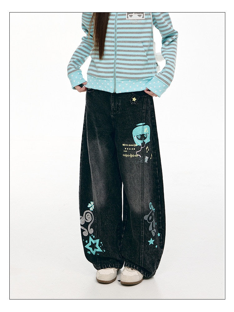 Washed Black Cartoon Music Note Barrel-Leg Jeans