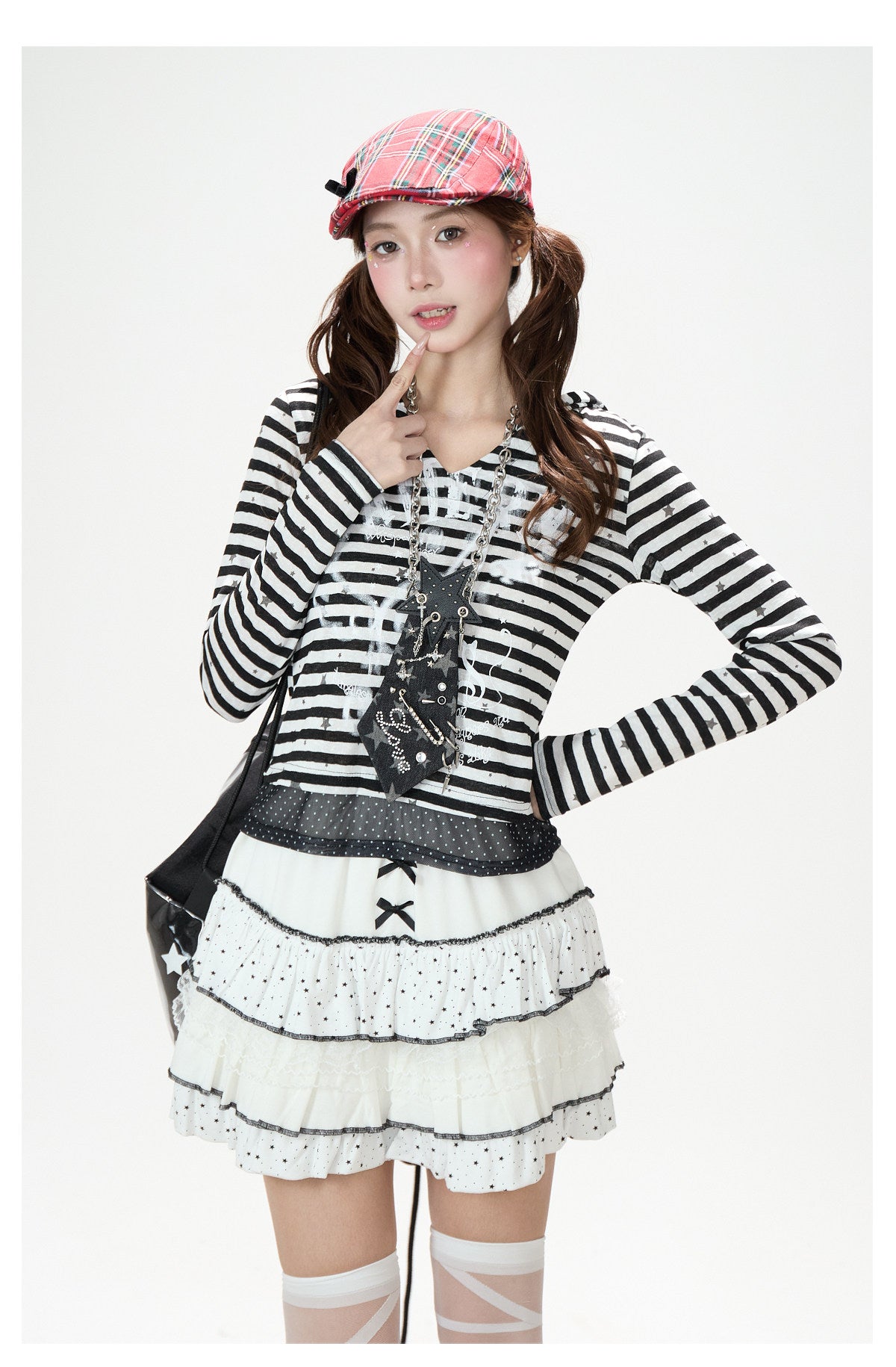 Star Stripe Bunny-Ear Hooded V-Neck Long Sleeve Top