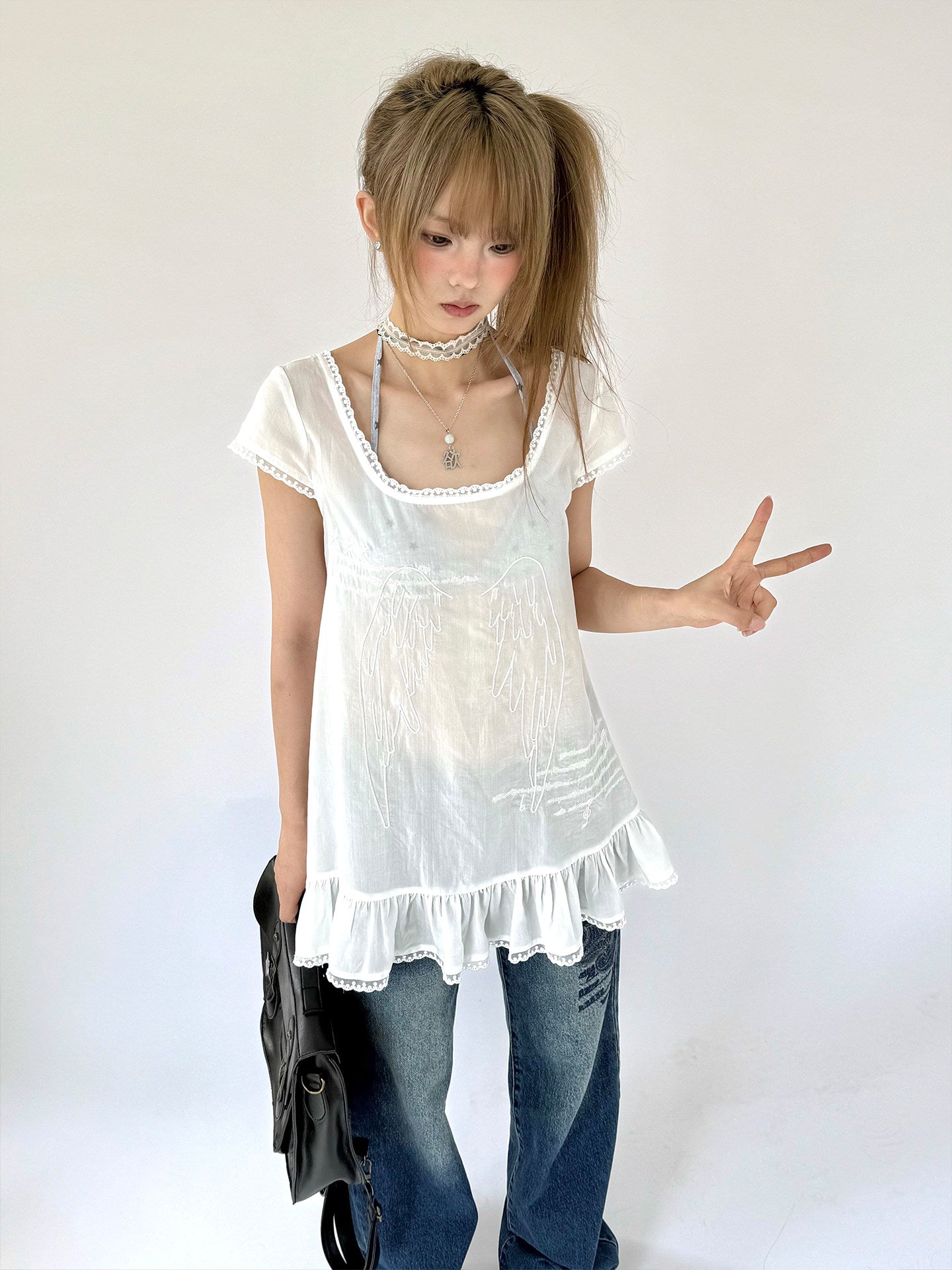 Angel Wing Lace-Trim Lyocell Tunic Top
