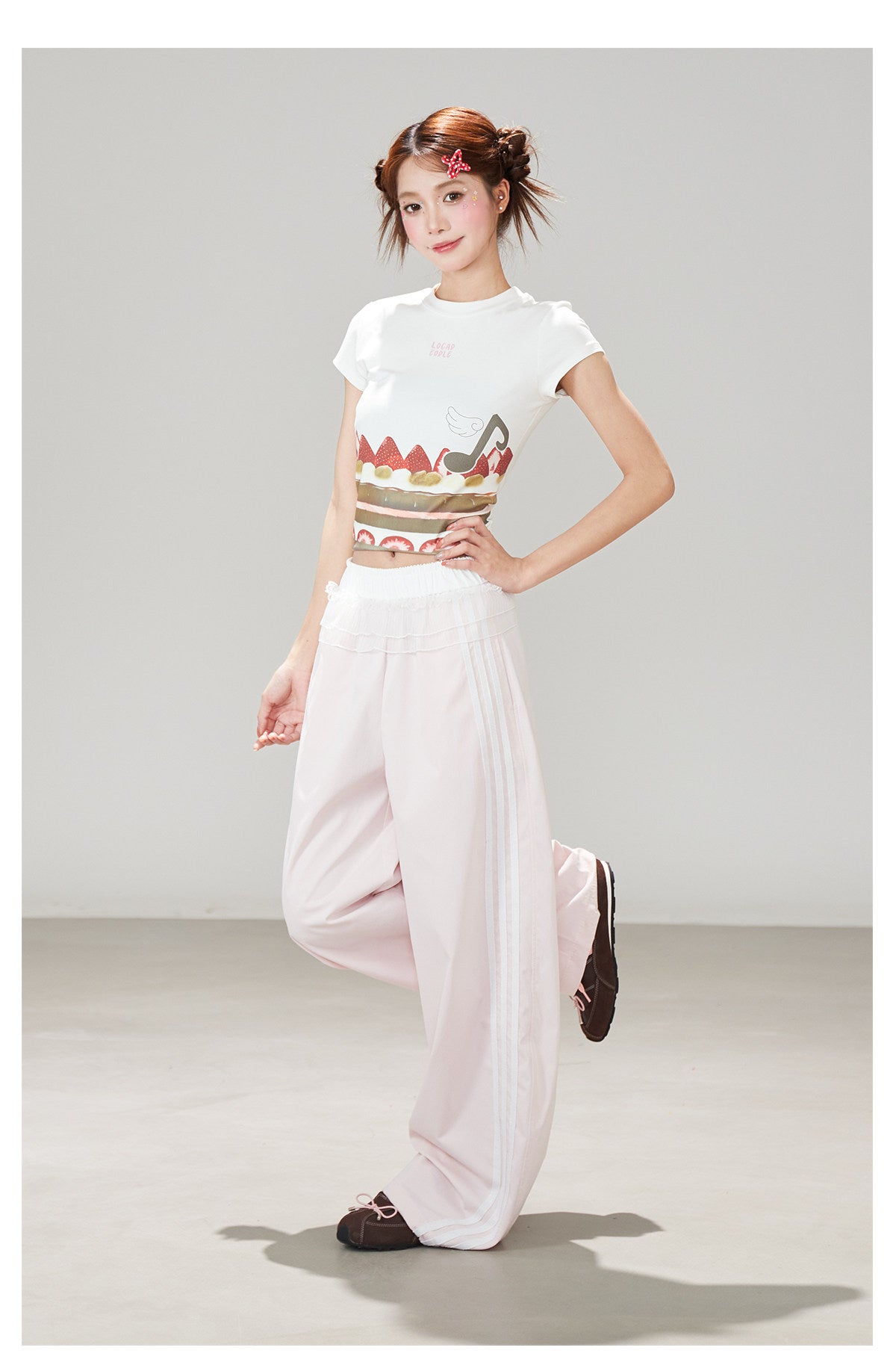 Ruffle Waist Side Stripe Wide-Leg Pants