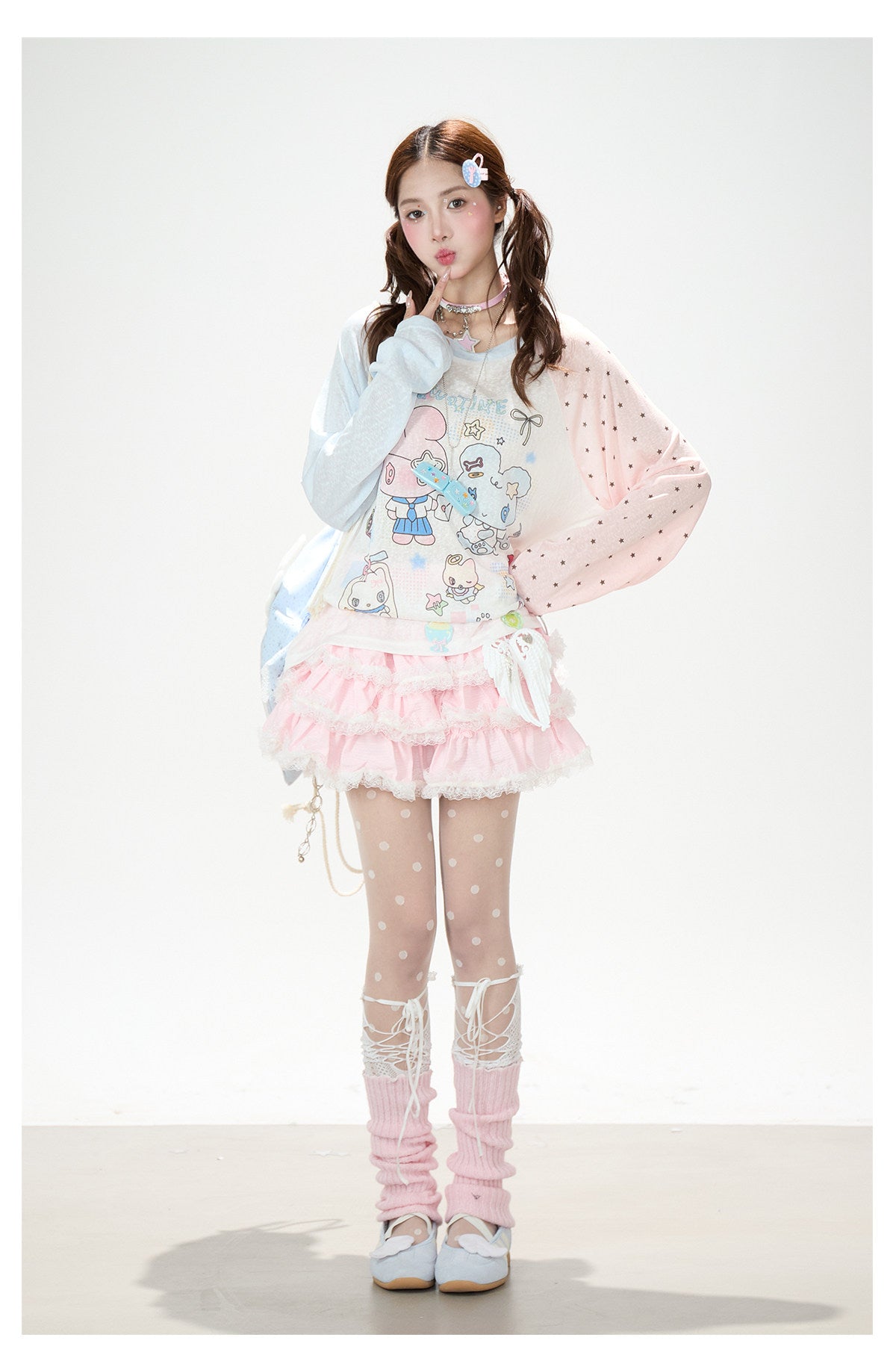 Cartoon Star Sheer Long Sleeve Top & Black Music Lace Gingham Mini Skirt