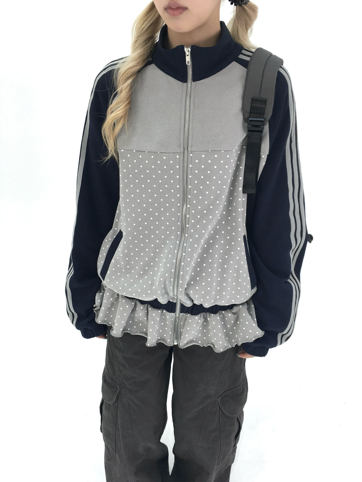 Gray Polka Dot Triple-Stripe Ruffle Zip Jacket