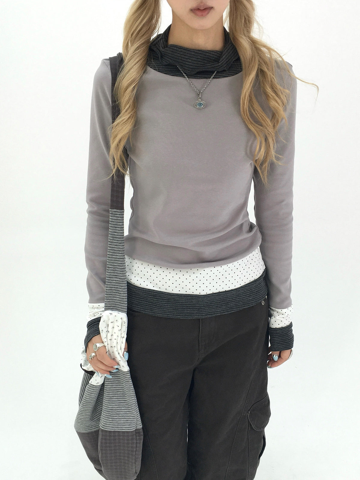 Mist Gray Polka Dot & Stripe Faux-Layer Long Sleeve Top